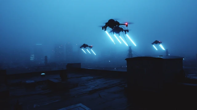 Drones Over Cityscape: Cyberpunk Scene