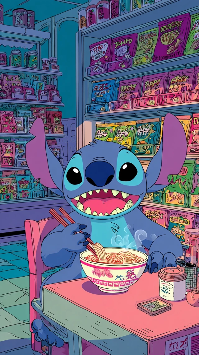 Stitch Enjoys Spicy Korean Ramen Cartoon Illustration