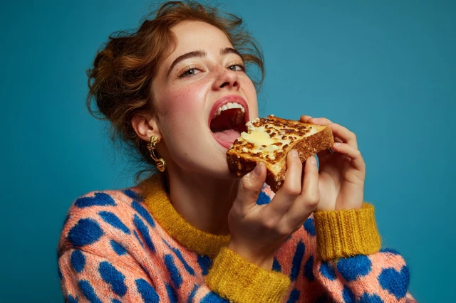 Joyful Woman Eating Toast Lifestyle Editorial