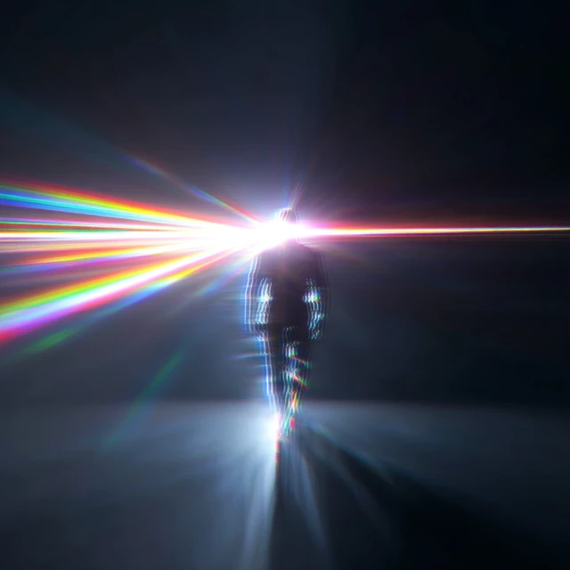 Abstract Future Runner with Rainbow Light Beams