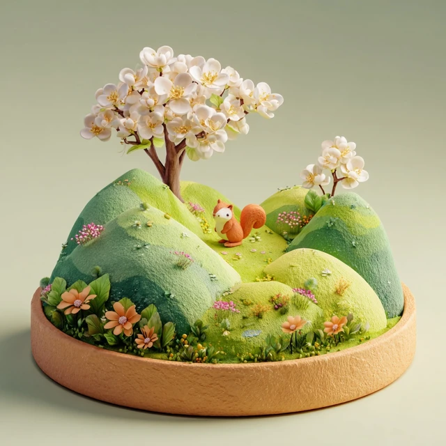 Spring Scene 3D Squirrel on Platform with Flowers