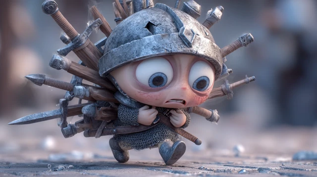 3D Chibi Warrior Running Anxious Character Illustration
