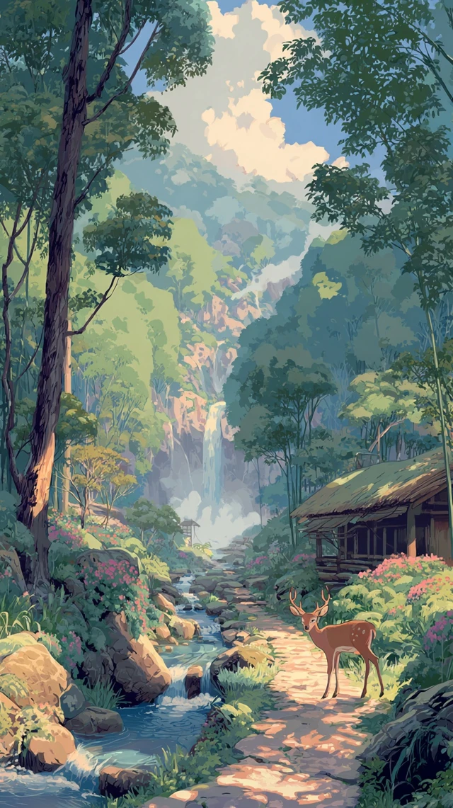Anime Forest Deer Scene Waterfall Serene