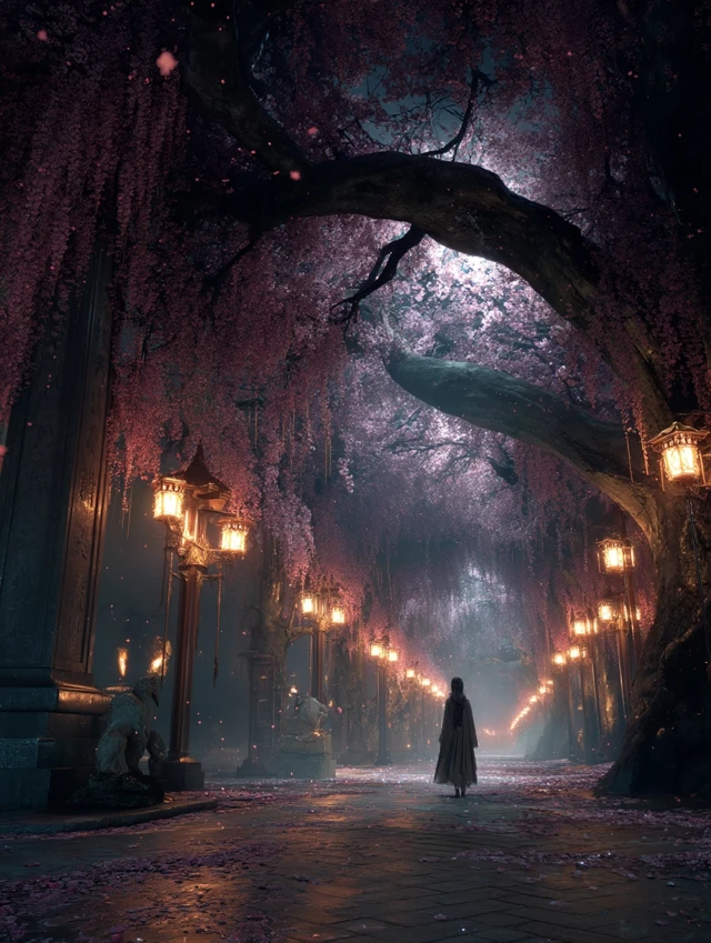 Magical Japanese Night Scene Cherry Blossom Tunnel