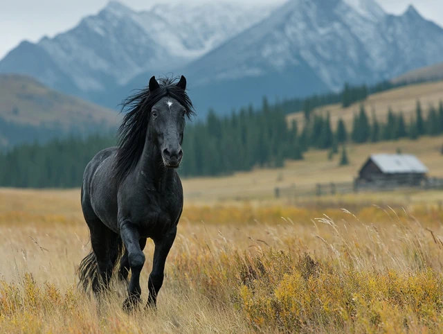 Wild Black Horse Running on the Prairie