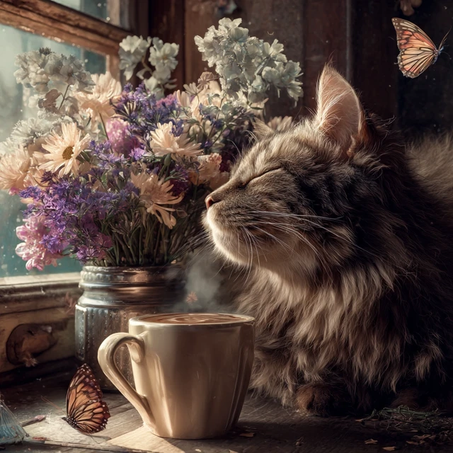 Cat Coffee Morning Sunbeam Illustration