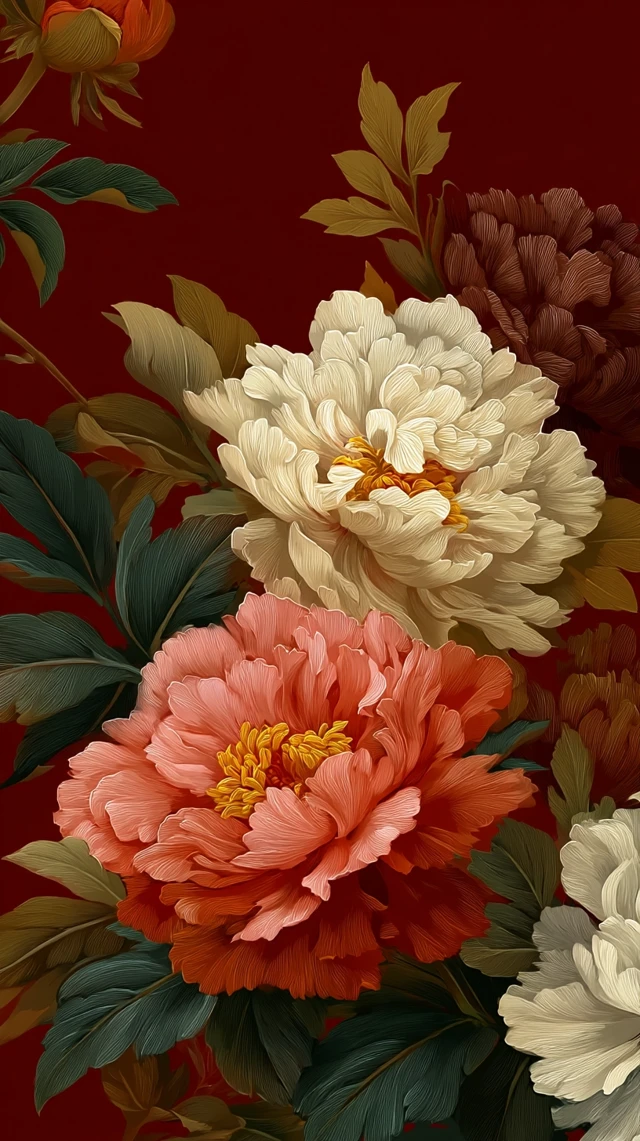 Chinese Peonies Red Gold Floral Painting Wallpaper