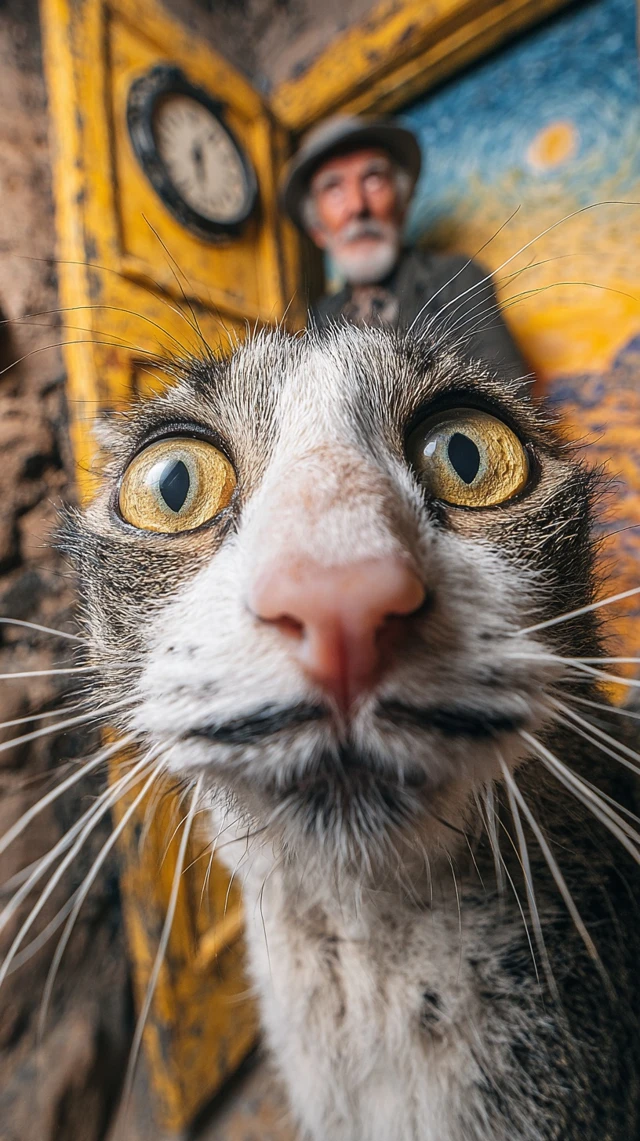 Surreal Cat Selfie with Dali Whiskers and Melting Clocks