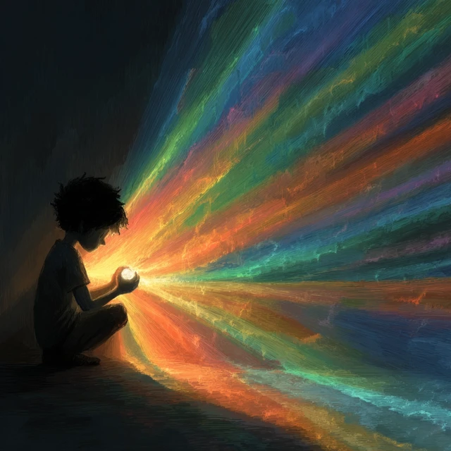 Boy with Glowing Orb Colorful Light Illustration