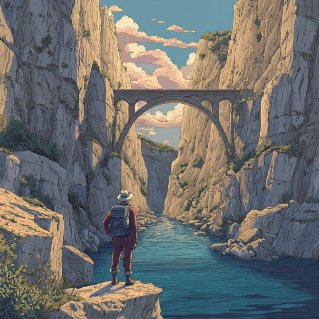 Explorer on a Cliff Overlooking a Bridge
