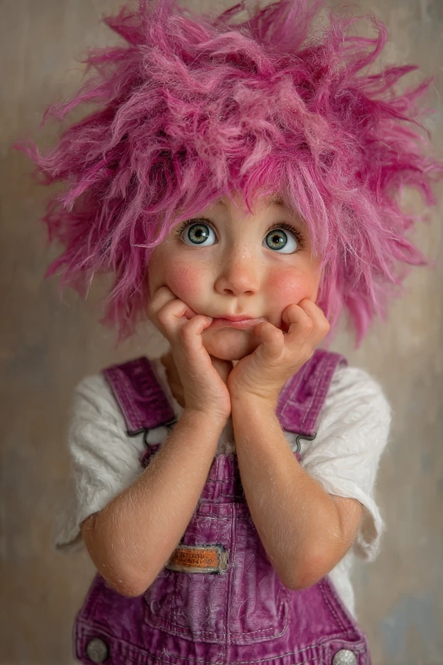 Adorable Baby Gnome Girl in Purple Overalls Art