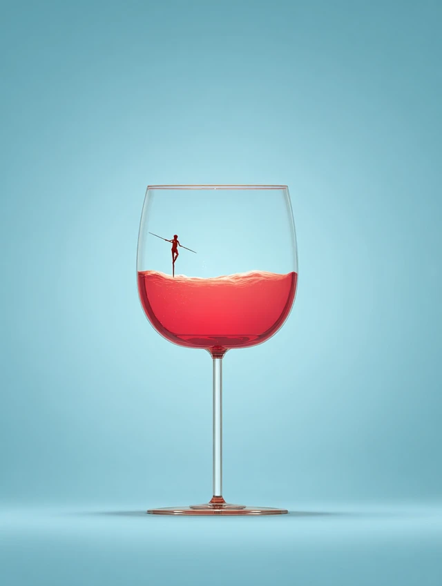 Cocktail Glass Person Balancing on Wine Concept