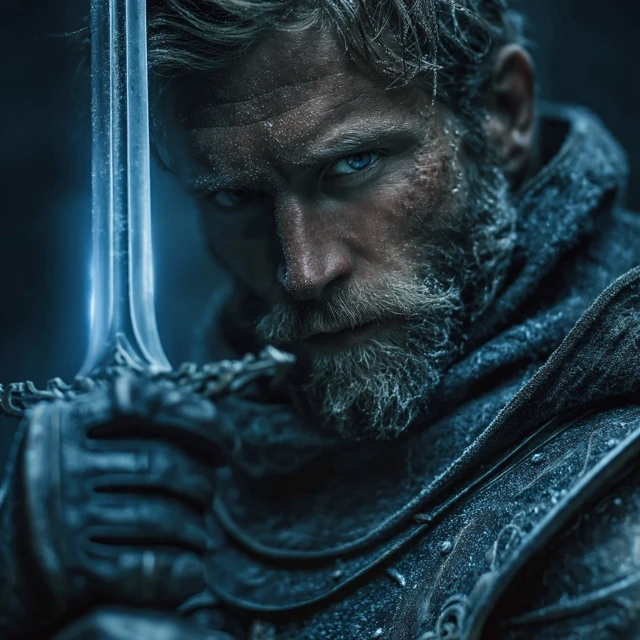 Handsome Knight with Glowing Sword in Gothic Village