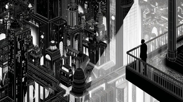 Noir Cityscape Illustration Man Observing Architecture