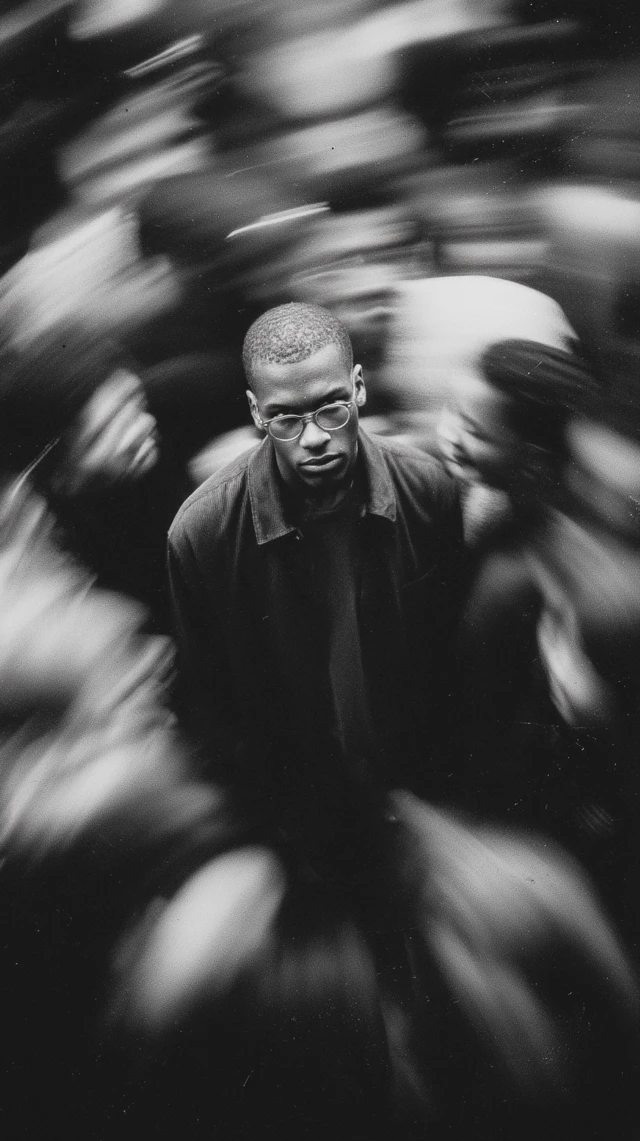 Man in Crowd Black and White Film Photography
