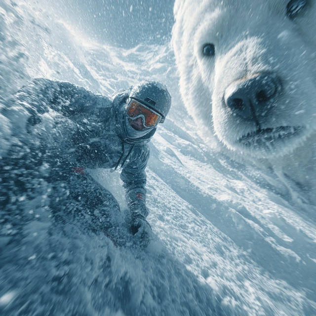 Snowboarder Chased by Polar Bear Avalanche Survival Scene