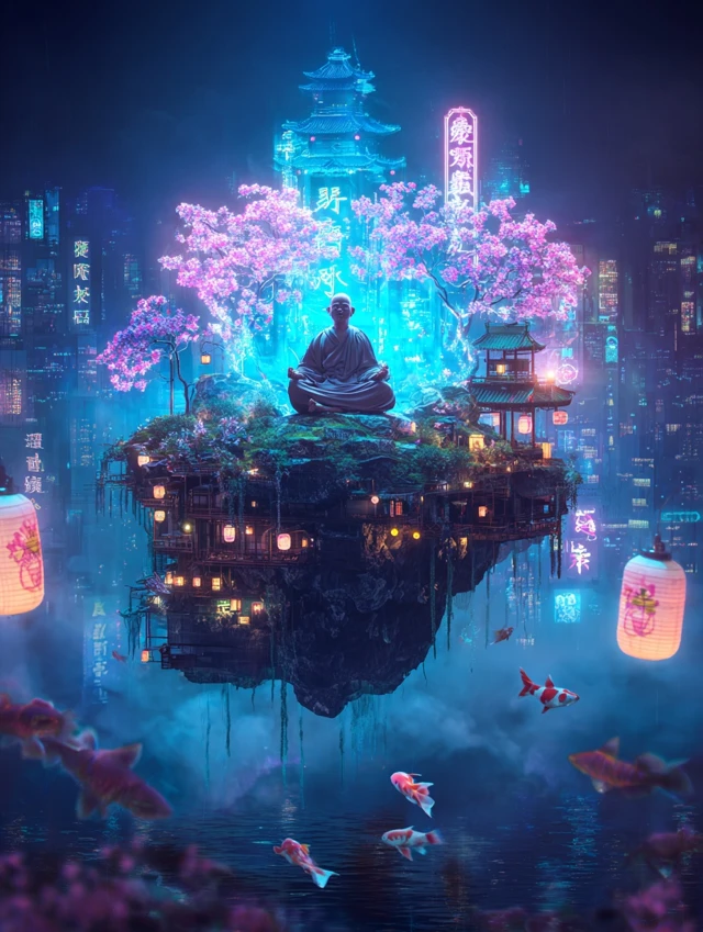 Cyberpunk Asian Temple Meditation Art 4K