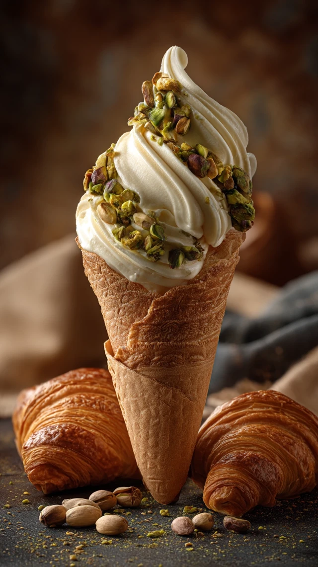 Vanilla Ice Cream Cone with Croissant and Pistachios