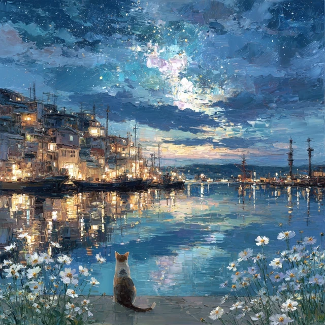 Cat, Night Sky, Beach, Onomichi Oil Painting