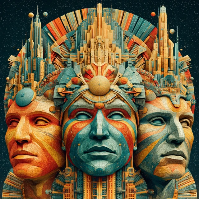 Alien Warrior with Three Heads Psychedelic Art