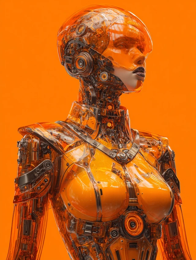 Futuristic Android: Orange Chrome Armor and AI Core