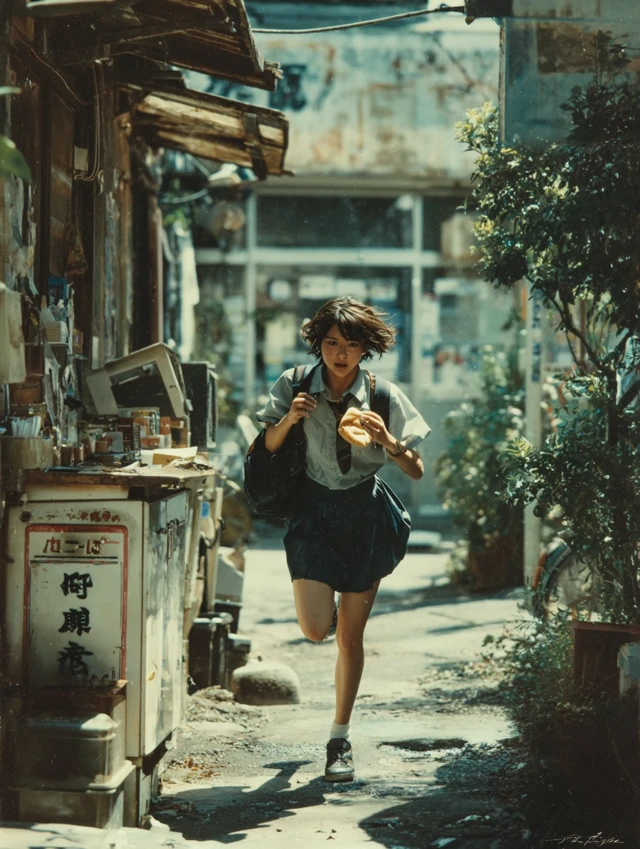 Japanese School Girl Running Eating Bread