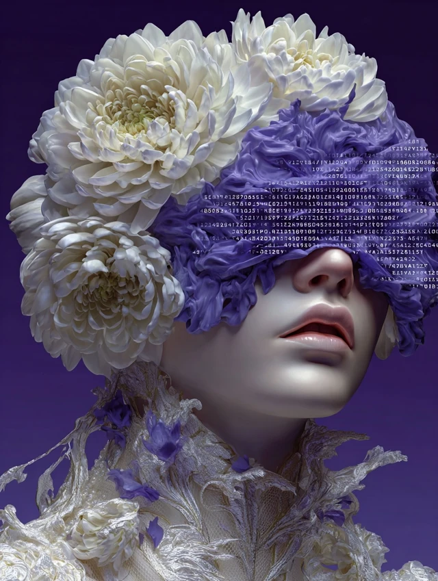Surreal Portrait Woman Petals Violet Fog