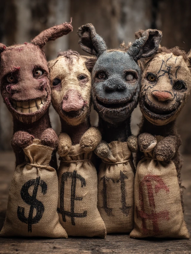 Creepy Sock Puppets Holding Bank Bags