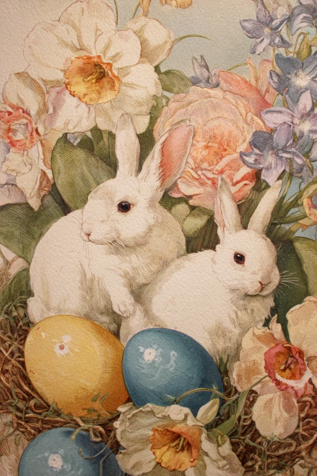 Easter Bunnies Eggs Flowers Vintage Illustration