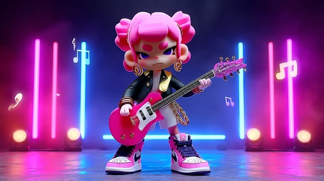 Pink Haired Guitarist on Stage 3D Cartoon