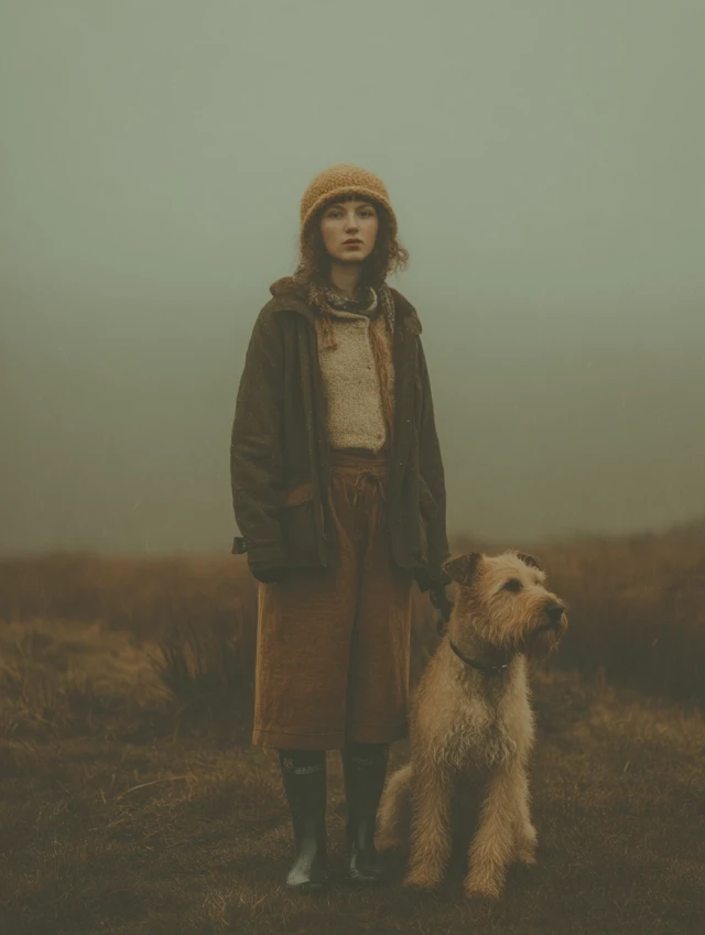 Autumn Woman and Irish Terrier in Fog
