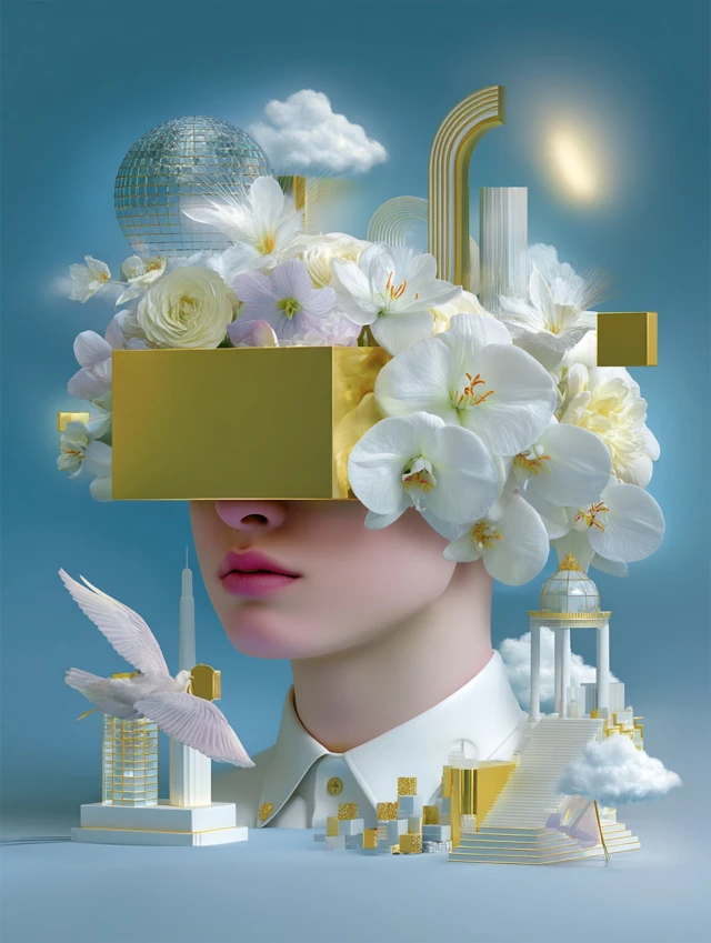 Surreal Floral Portrait Golden Details