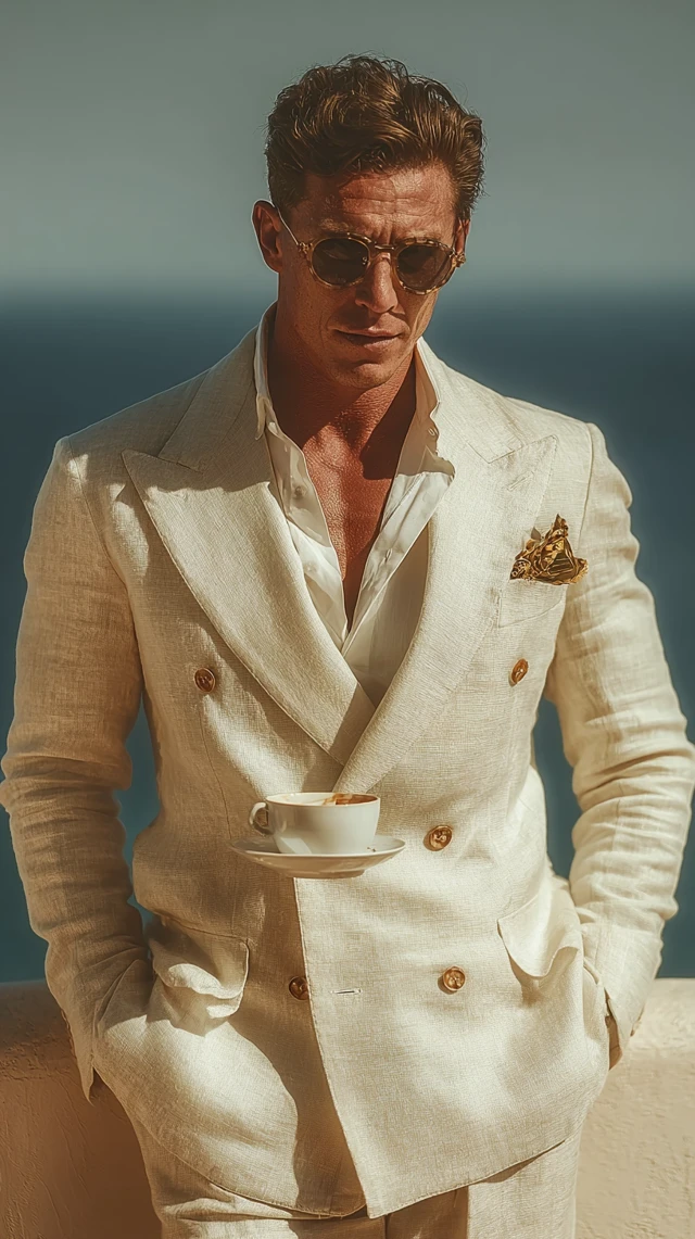 Elegant Man in Linen Suit Sipping Coffee on Balcony