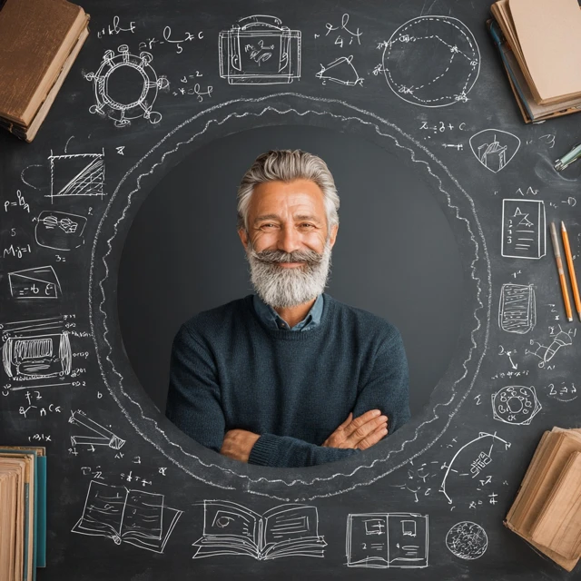 Math Teacher on Chalkboard Warm and Professional