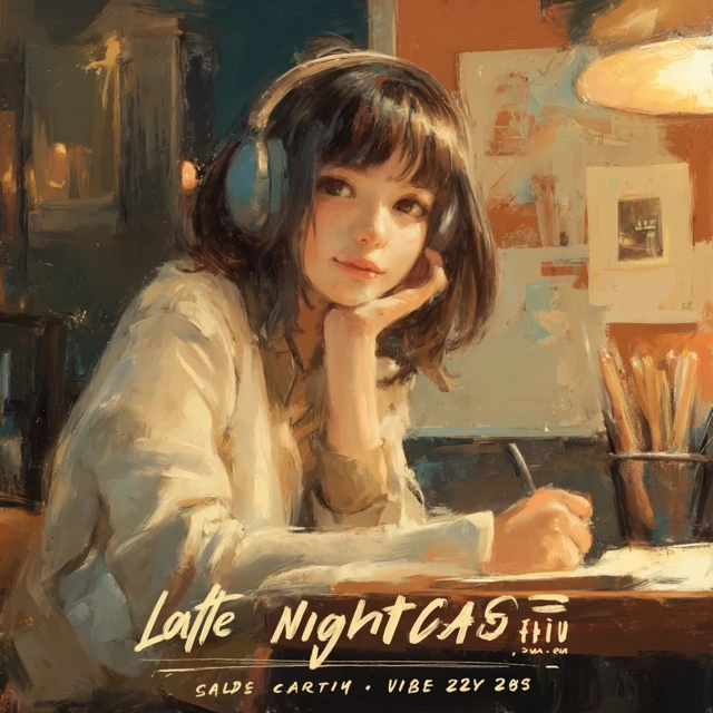Late Night Study Cafe Illustration Warm Lighting Cute Japanese Woman