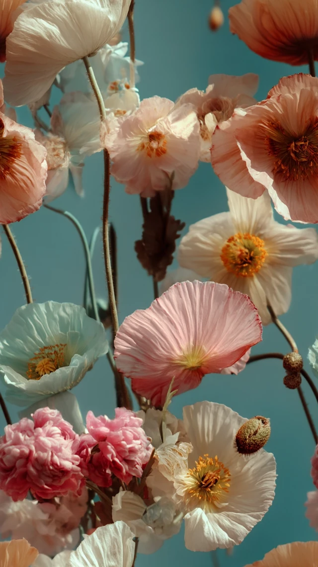 Delicate Flowers in Bloom: Poppies and Peonies