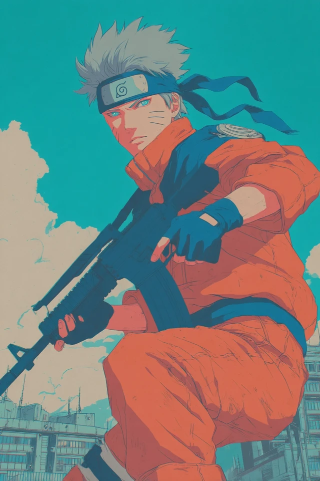 Anime Warrior Illustration Spiky Haired Character with Gun