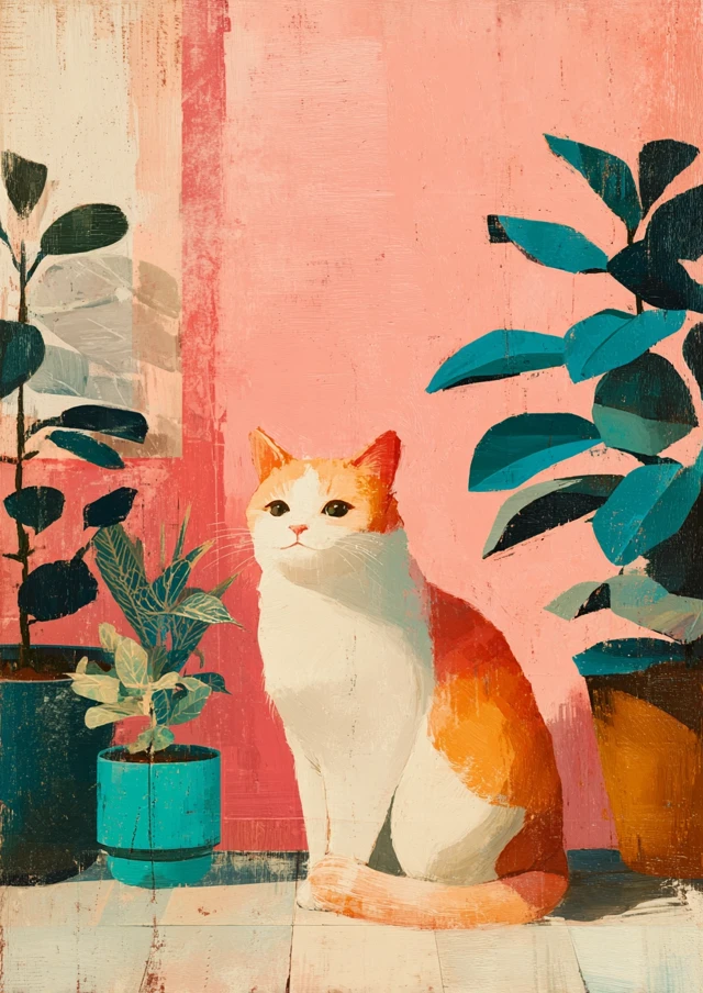 Retro Cat Painting Pastel Colors Plants