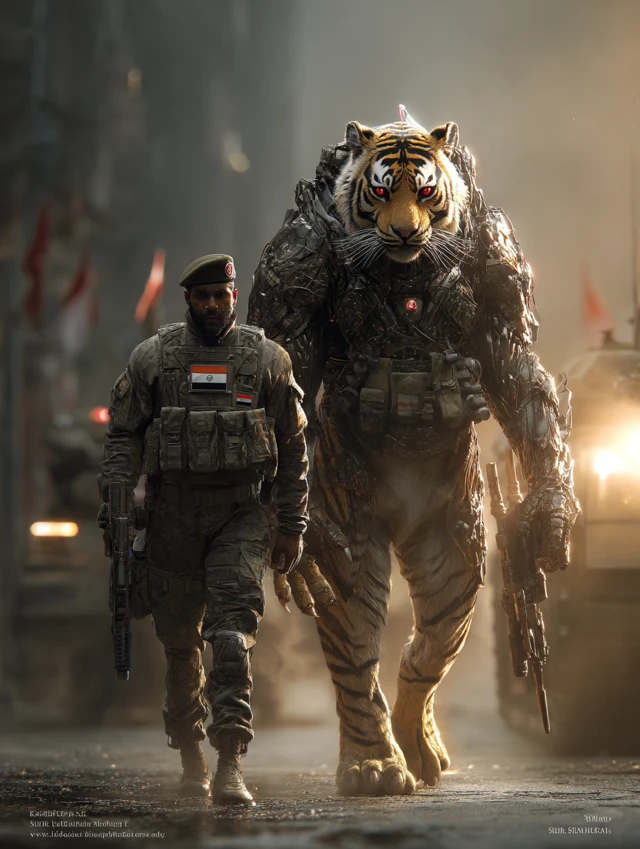 Indian Army Captain and Armored Tiger Cinematic Portrait