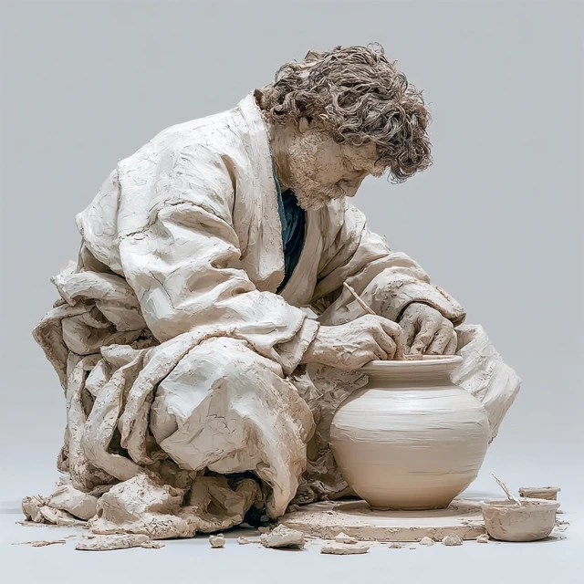 Monochromatic White Sculpture of a Potter