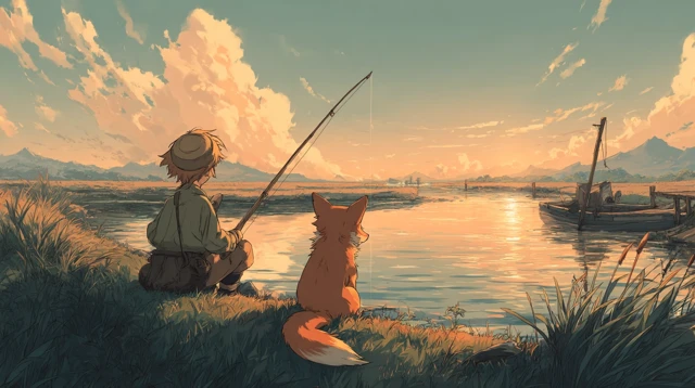 Anime Sunset Fishing Fox and Boy Serene Scene