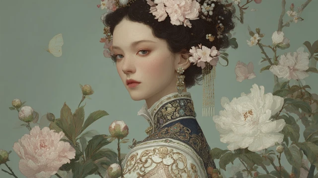 Ethereal Chinese Painting: Woman in Floral Dress