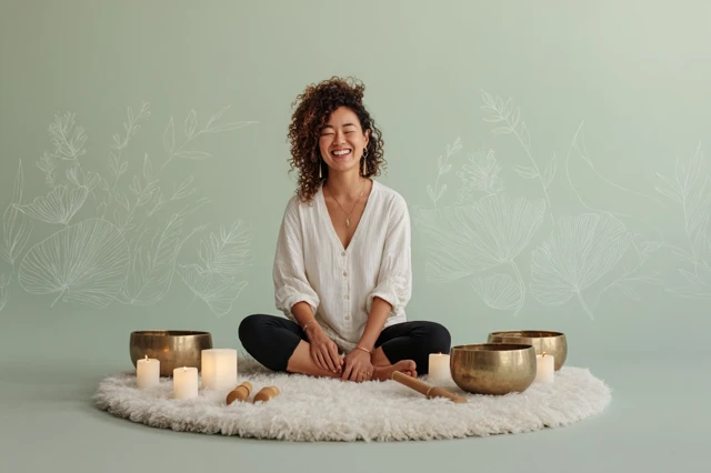 Sound Healing Session with Woman and Singing Bowls