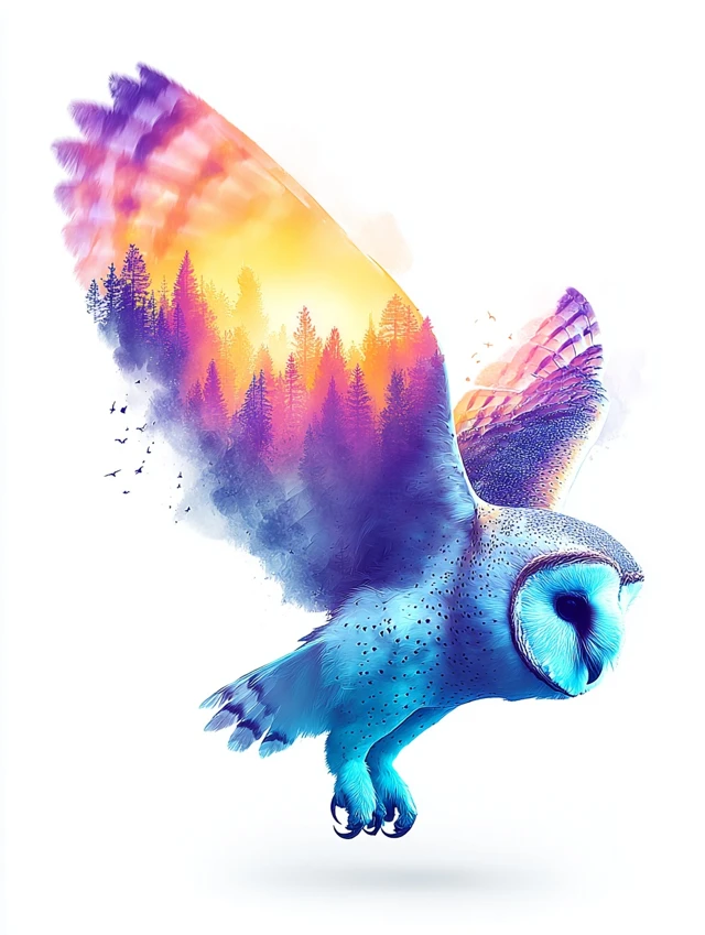 Owl in Flight Watercolor Art Forest Landscape