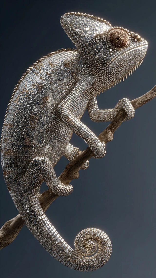 Disco Ball Chameleon Perched on a Branch Ultra Detailed