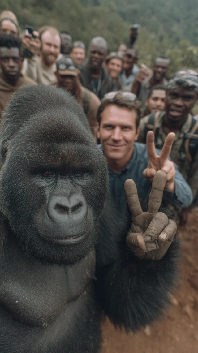 Gorilla and Soldiers Making Peace Sign