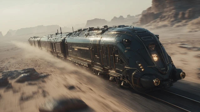 Teslapunk Train Futuristic Desert Scenery