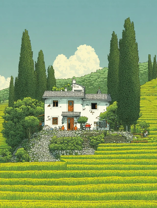 Farmhouse on Green Fields Illustration