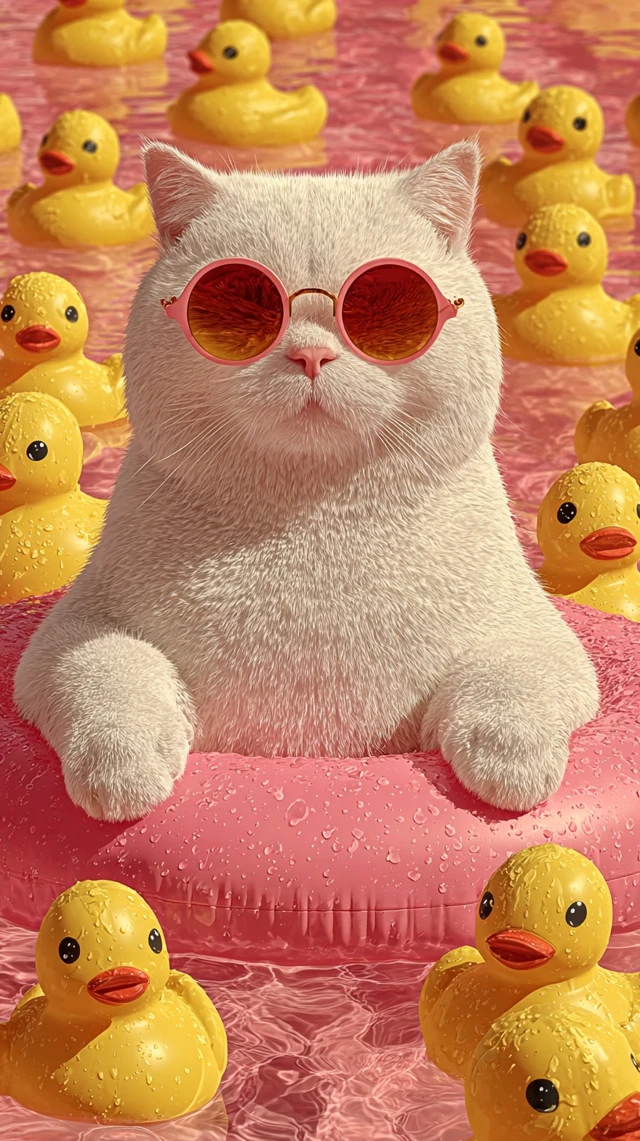 Kawaii Cat in Sunglasses Floating in Pool