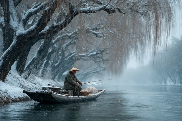 Fisherman in Winter Snowy Landscape Ink Painting